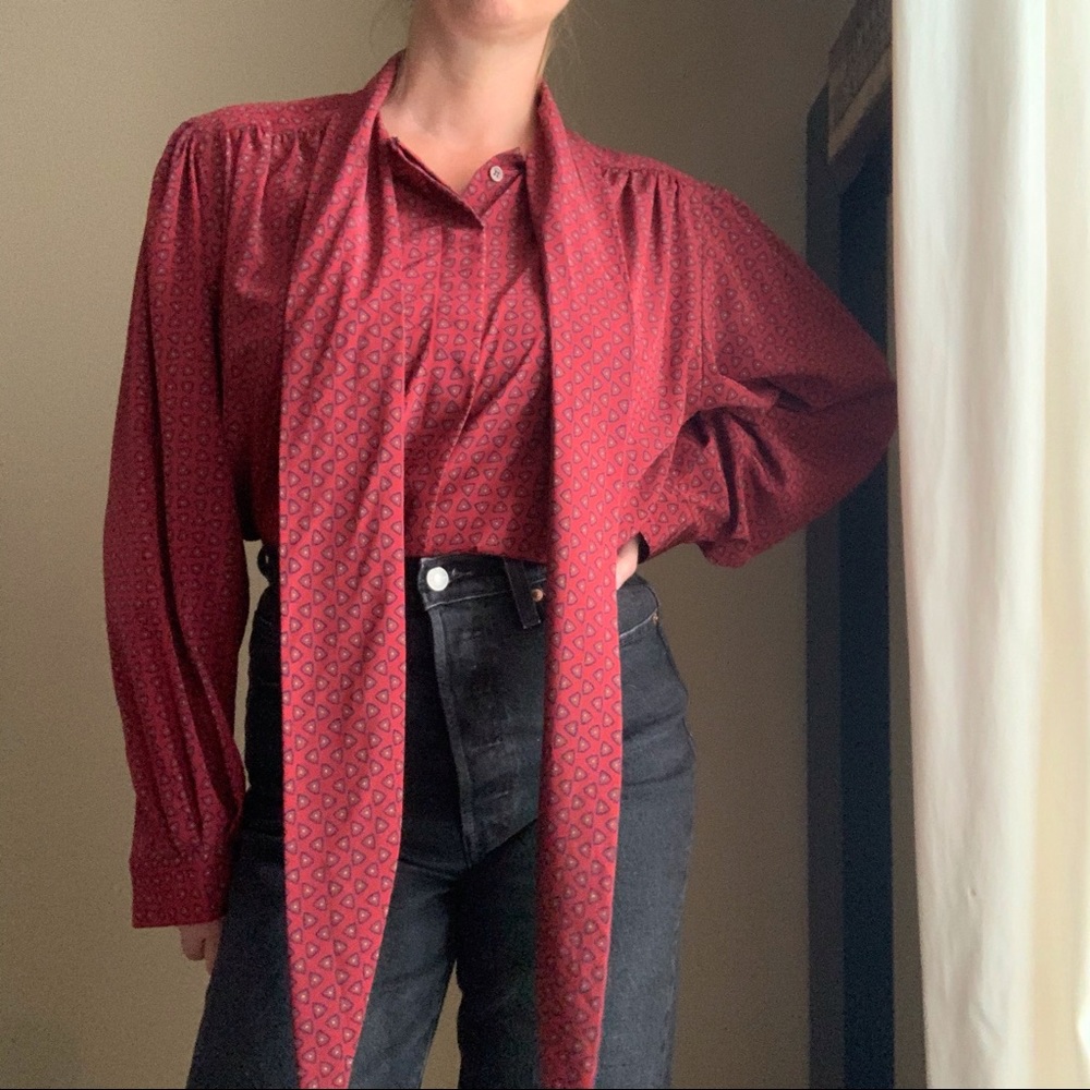 VINTAGE Burgundy Button Down Bow Blouse